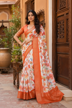 Tussar Silk Printed Saree With Unstitched Blouse(White)