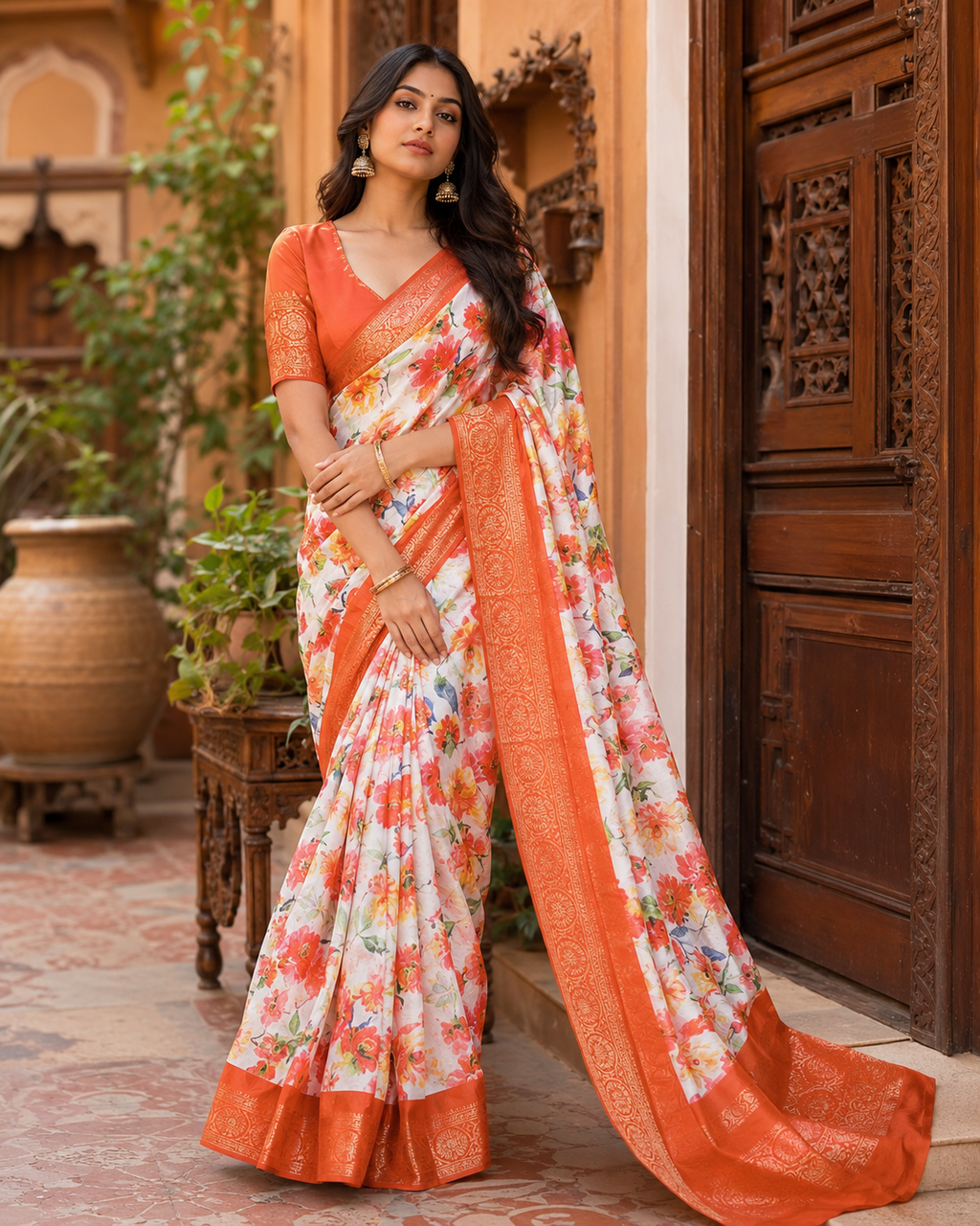Tussar Silk Printed Saree With Unstitched Blouse(White)