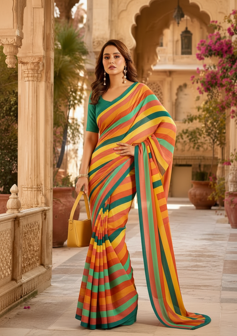 Crepe Silk Digital Print Saree With Unstitched Blouse(Multicolor)