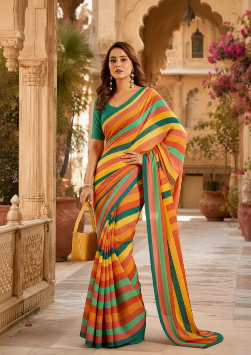 Crepe Silk Digital Print Saree With Unstitched Blouse(Multicolor)