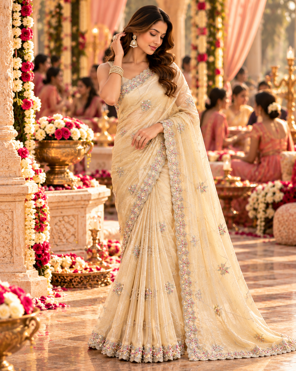 Pure Space Silk Embroidery Work Saree With Unstitched Blouse(Cream)