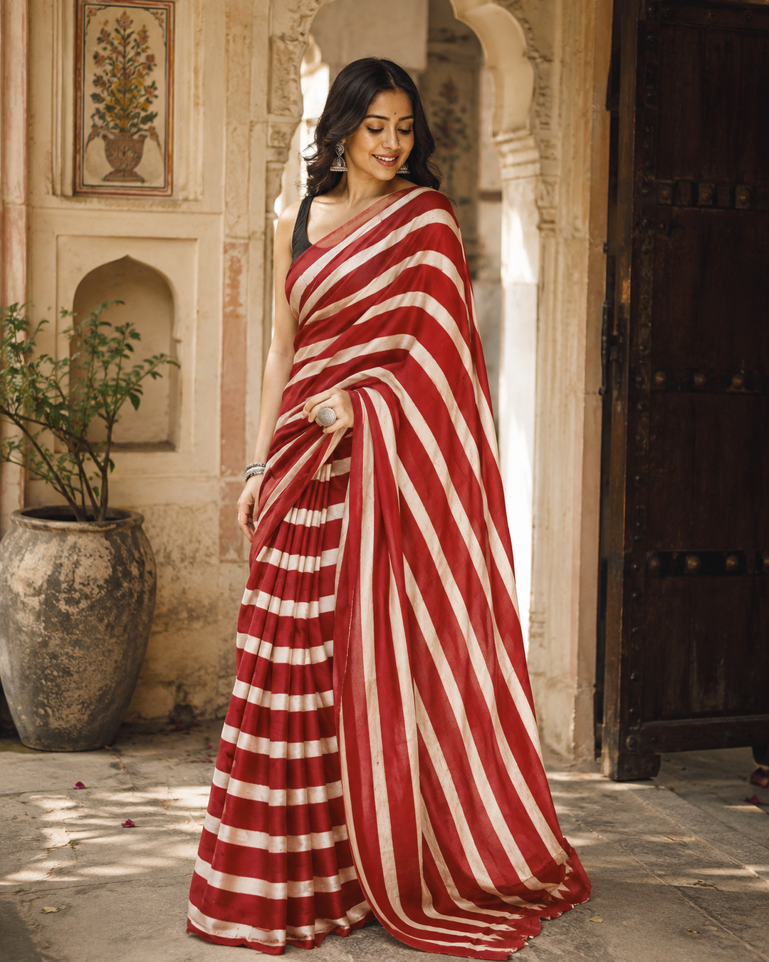 Pure Silk Ajrakh Print Saree With Unstitched Blouse(Red)
