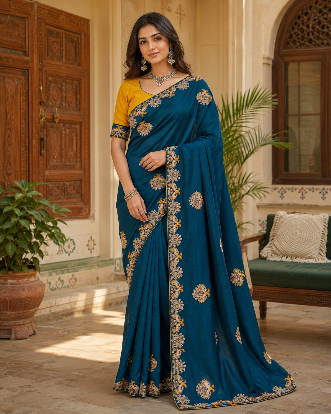 Premium Satin Silk Saree With Unstitched Blouse(Blue)