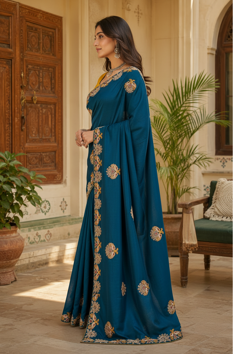 Premium Satin Silk Saree With Unstitched Blouse(Blue)