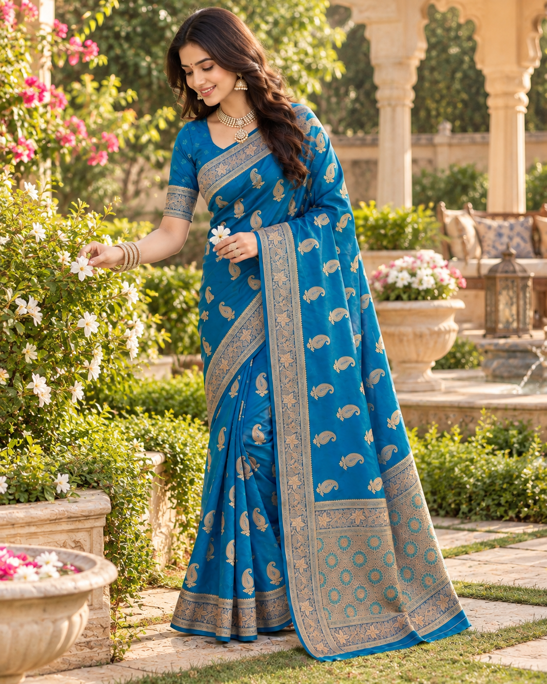 Pure Silk Traditional Buttas Copper Zari Weaving Saree With Unstitched Blouse(Teal)
