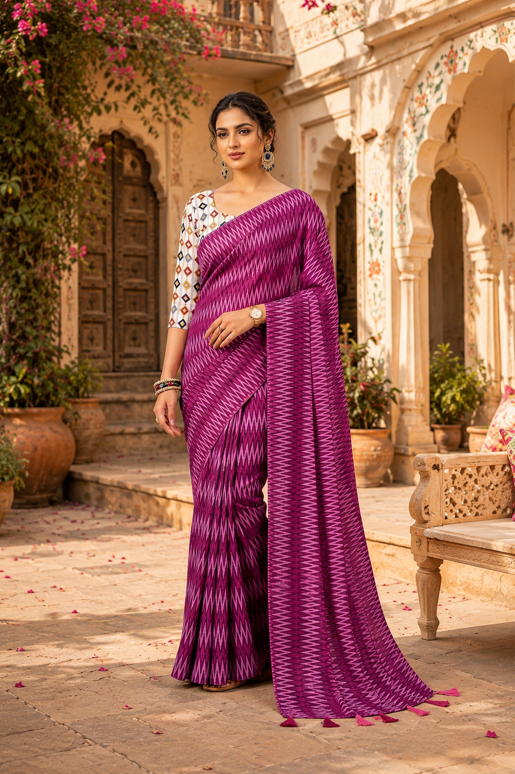 Crepe Silk Printed Sarees With Unstitched Blouse(Purple)