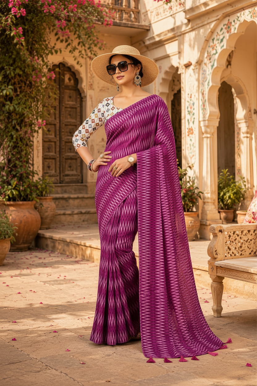 Crepe Silk Printed Sarees With Unstitched Blouse(Purple)
