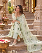 Pure Cotton Kurti Pant And Dupatta Set(Light Green)