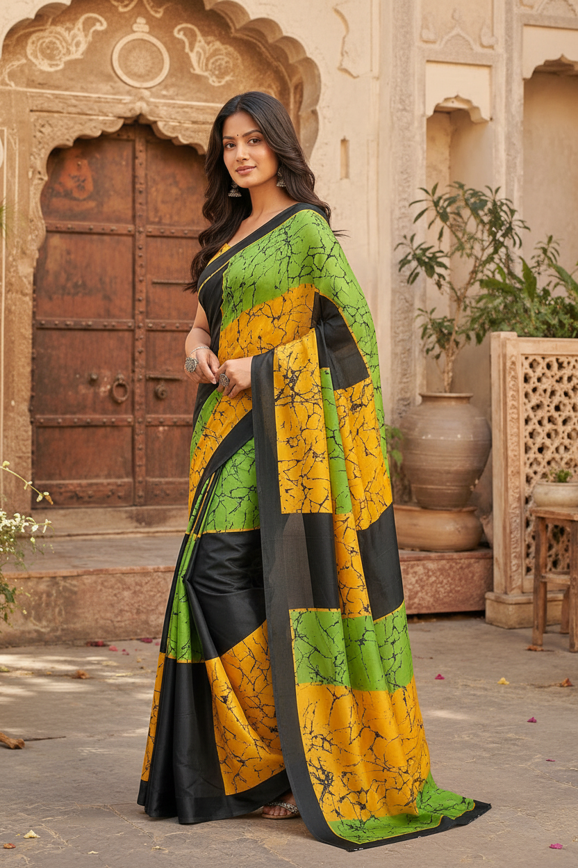 Satin Silk Printed Saree With Unstitched Blouse(Green)