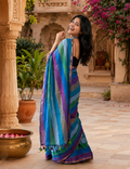 Cotton Printed Saree With Unstitched Blouse(Blue)