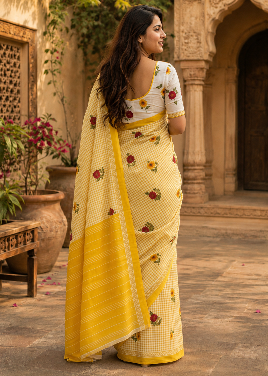 Soft Pure Mulmul Cotton Printed Saree With Unstitched Blouse(Yellow)