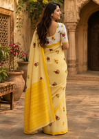Soft Pure Mulmul Cotton Printed Saree With Unstitched Blouse(Yellow)