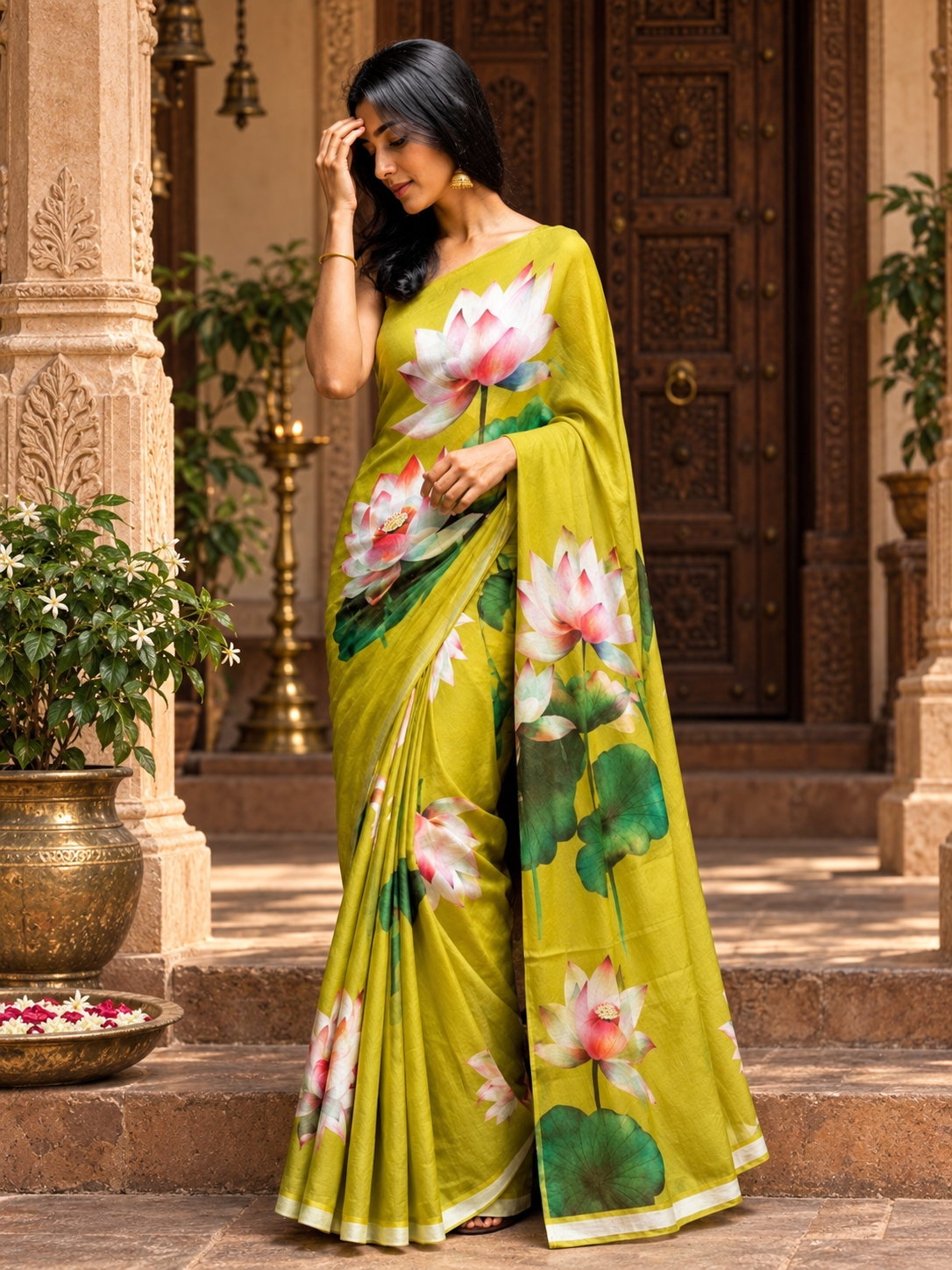 Georgette Floral Print Saree With Unstitched Blouse(Mehendi)