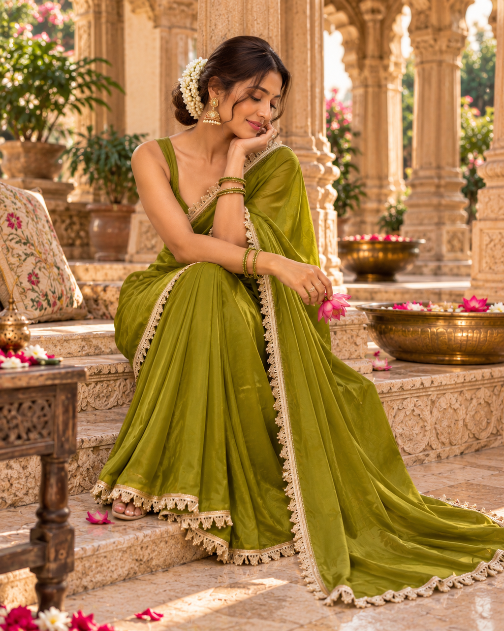 Satin Silk Golden Lace Border Work Saree With Unstitched Blouse(Green)