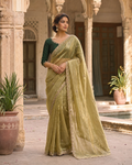 Satin Silk Embroidery Work Saree With Unstitched Blouse(Pista)