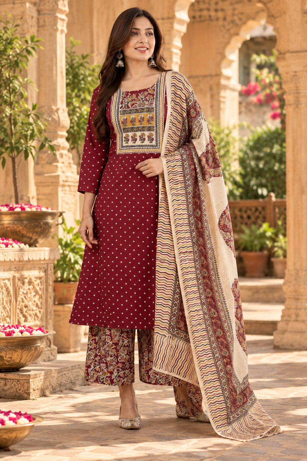 Soft Cotton Kurti Pant Set With Dupatta(Maroon)