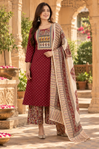 Soft Cotton Kurti Pant Set With Dupatta(Maroon)