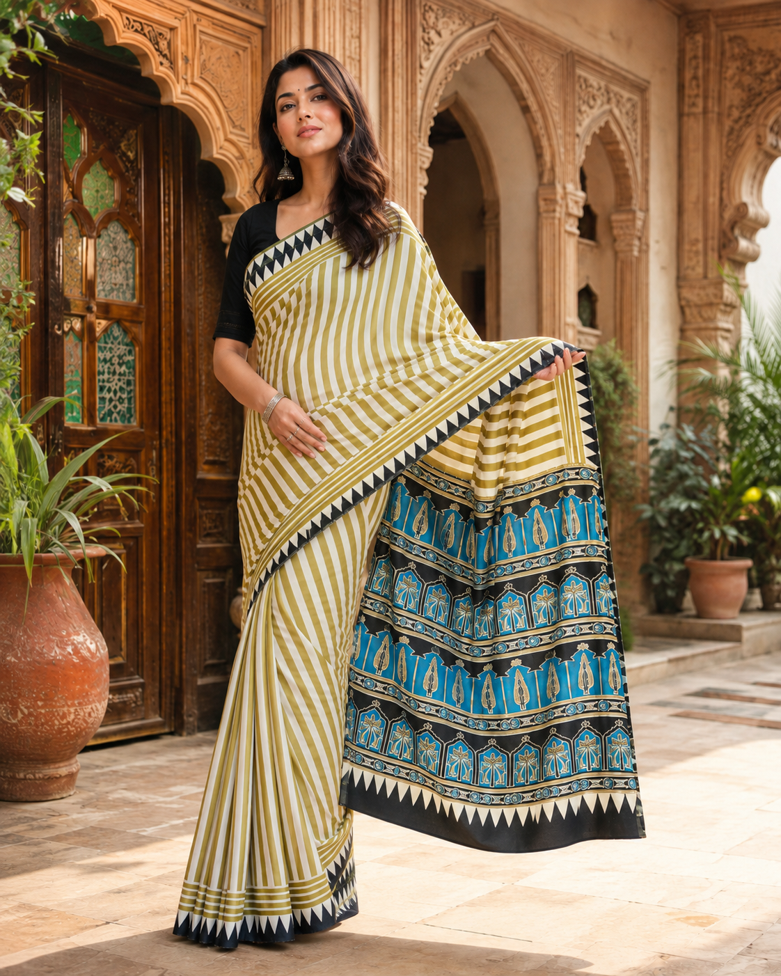 Satin Silk Ajrakh Printed Saree With Unstitched Blouse(Blue)