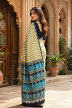 Satin Silk Ajrakh Printed Saree With Unstitched Blouse(Blue)