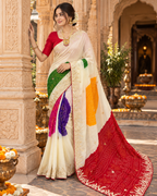 Chiffon Silk Sequin Work Saree With Unstitched Blouse(White)
