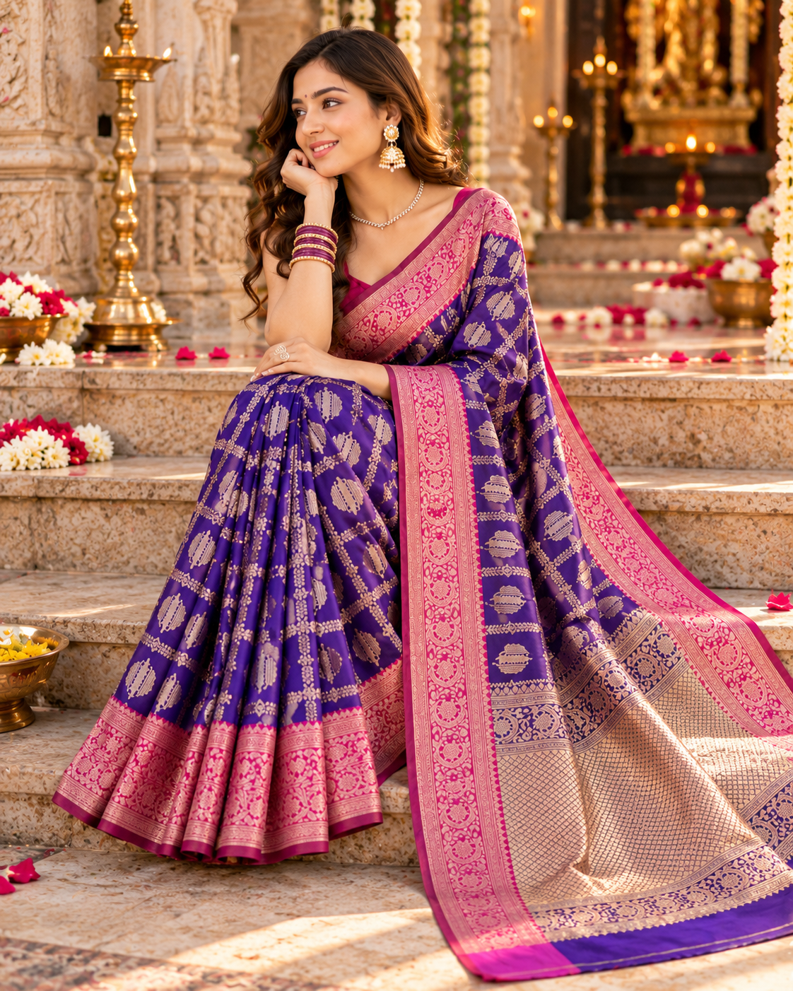 Banarasi Silk Saree Golder Zari Border With Unstitched Blouse(Blue)