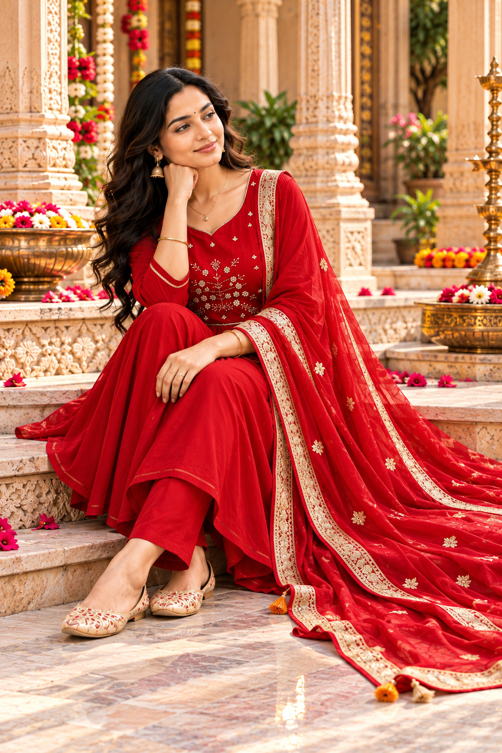 Chanderi Cotton Kurti Pant Set With Dupatta(Red)