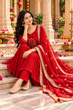 Chanderi Cotton Kurti Pant Set With Dupatta(Red)