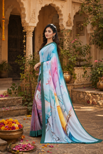 Load image into Gallery viewer, Soft Crepe Silk Digital Print Saree With Unstitched Blouse(Turquoise Blue)
