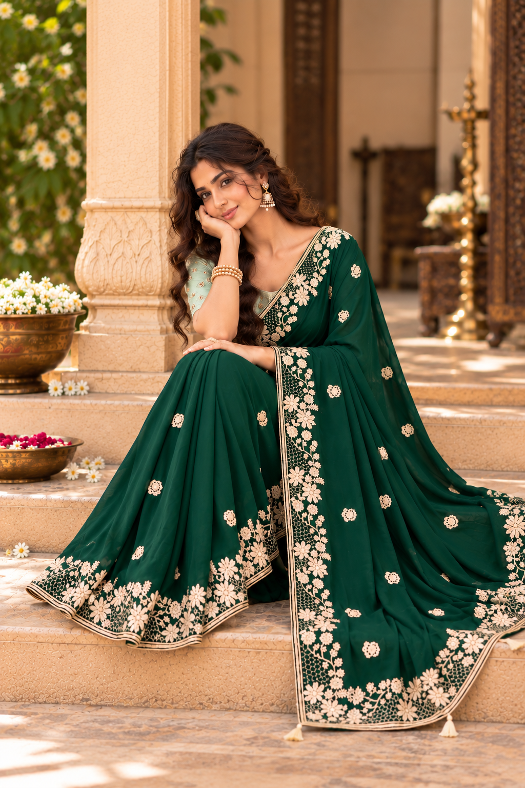 Crepe Silk Sequins Work Saree With Unstitched Blouse(Green)