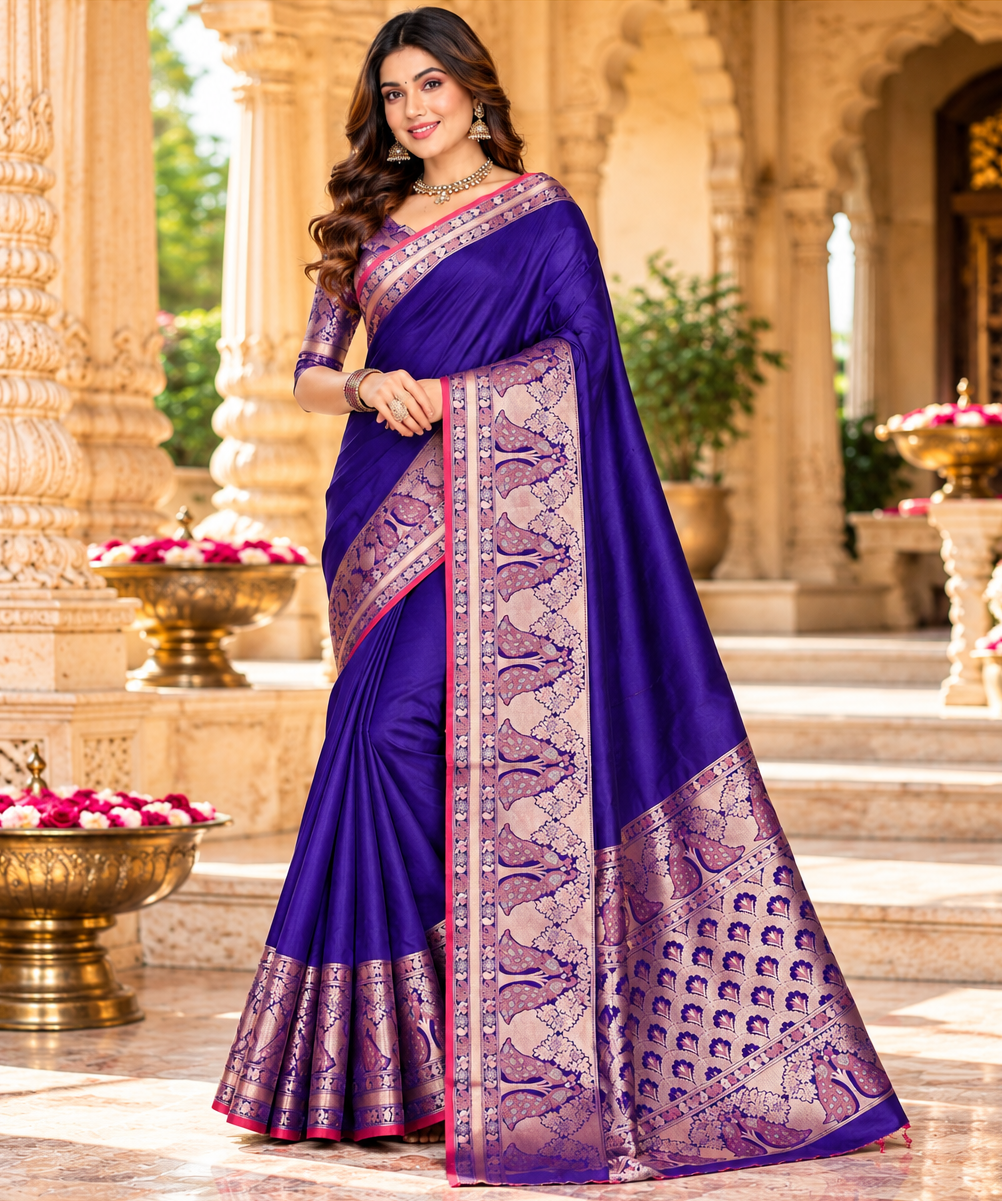 Pure Banarasi Silk Zari Work Saree With Unstitched Blouse(Blue)
