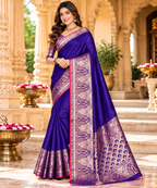 Pure Banarasi Silk Zari Work Saree With Unstitched Blouse(Blue)