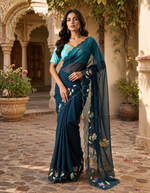 Load image into Gallery viewer, Premium Georgette Floral Print Saree With Unstitched Blouse(Blue)
