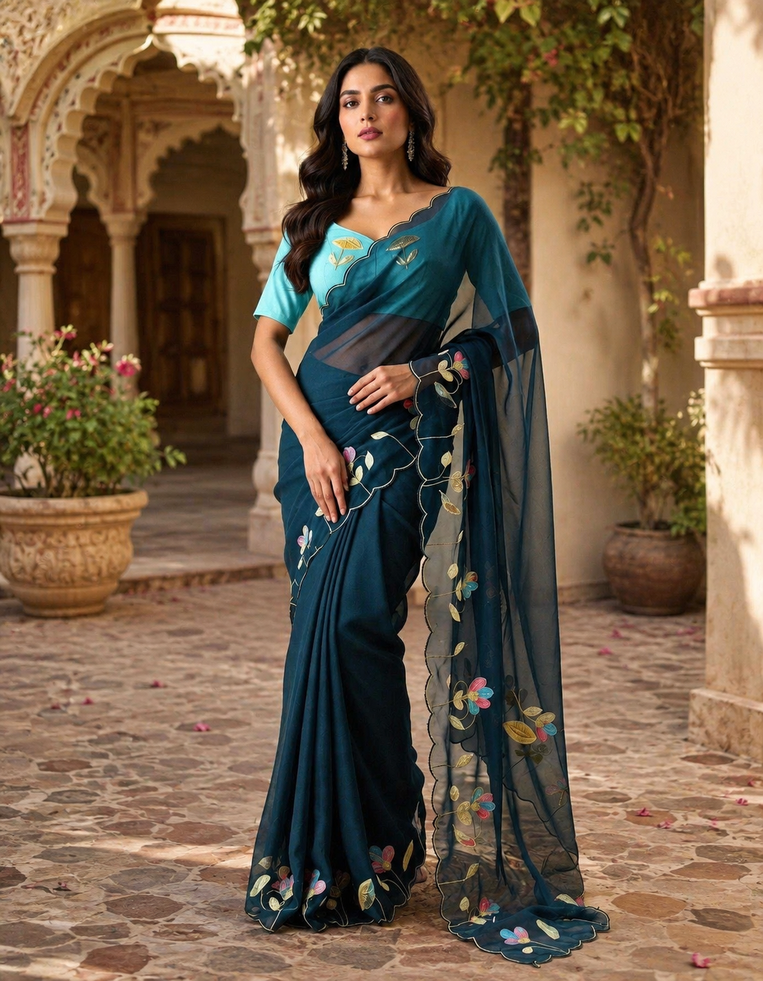 Premium Georgette Floral Print Saree With Unstitched Blouse(Blue)