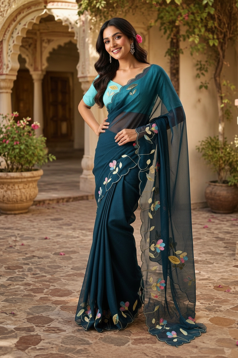 Premium Georgette Floral Print Saree With Unstitched Blouse(Blue)