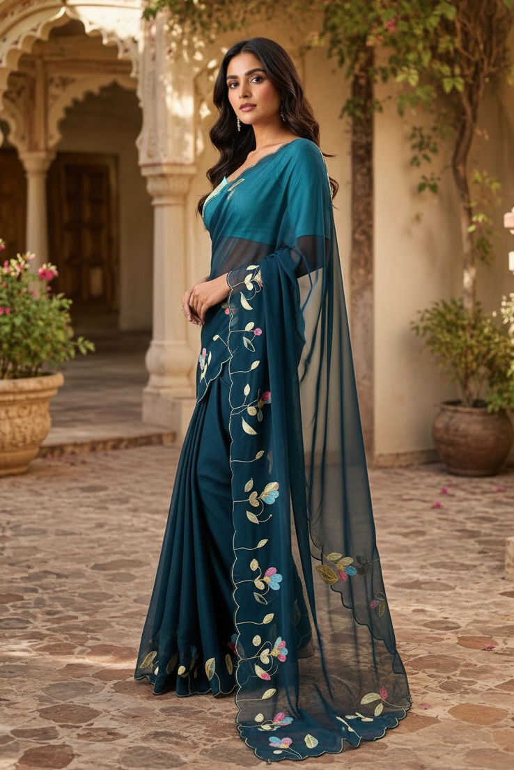 Premium Georgette Floral Print Saree With Unstitched Blouse(Blue)
