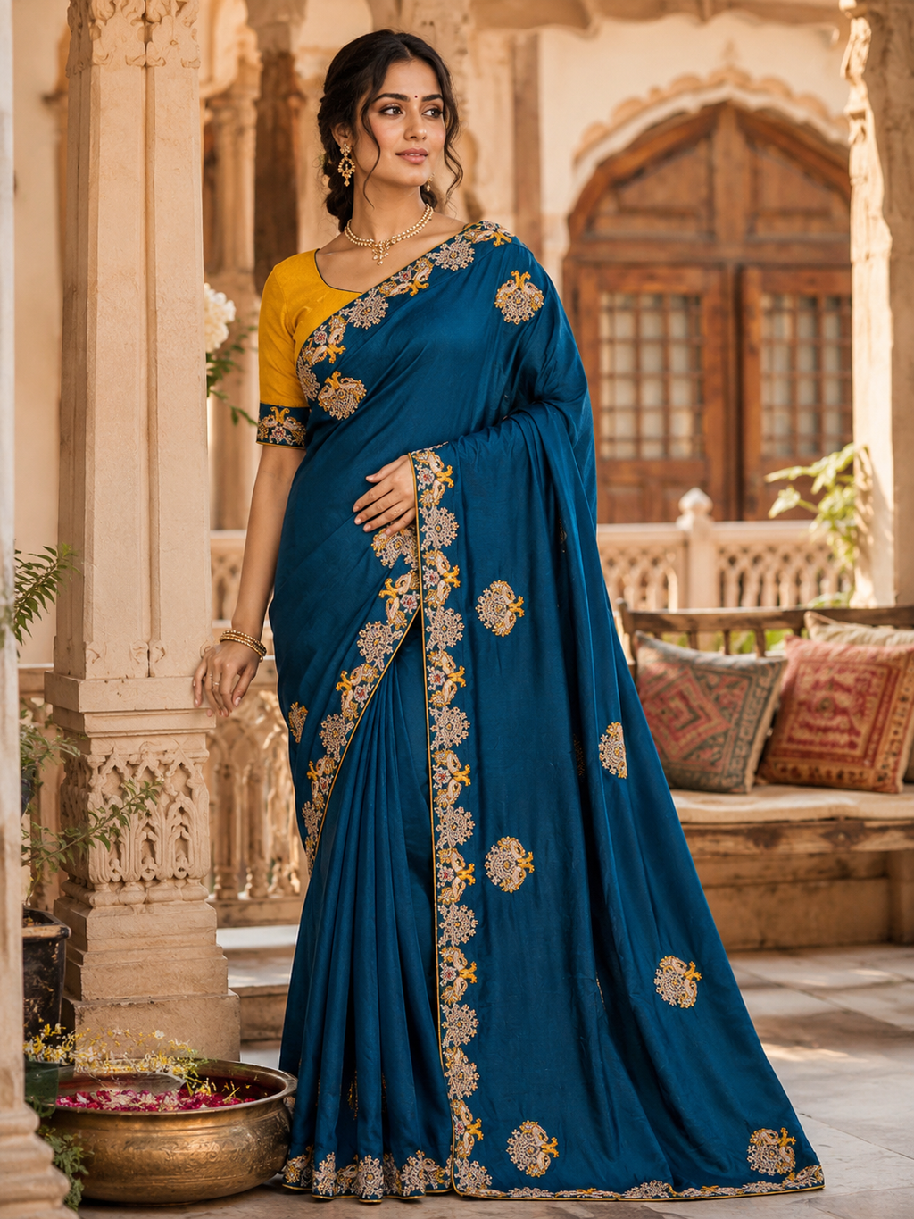 Premium Satin Silk Saree With Unstitched Blouse(Blue)