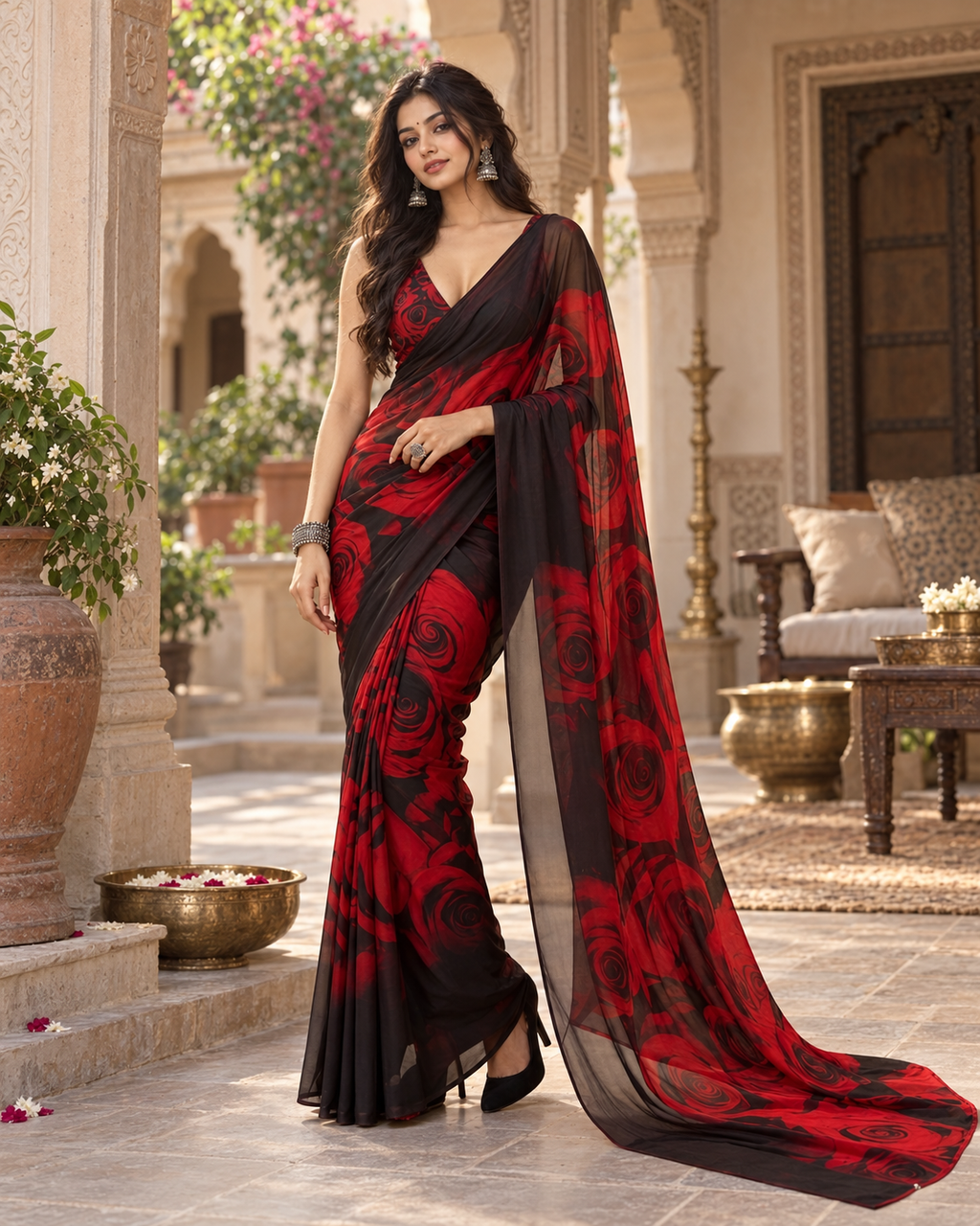 Chiffon Designer Print Saree With Unstitched Blouse(Red)