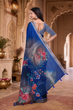 Mulmul Cotton Printed Saree With Unstitched Blouse(Blue)