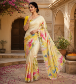 Load image into Gallery viewer, Pure Maheshwari Silk Diamond Cut Work With Unstitched Blouse(Yellow)
