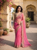 Georgette Sequins Work Saree With Unstitched Blouse(Pink)