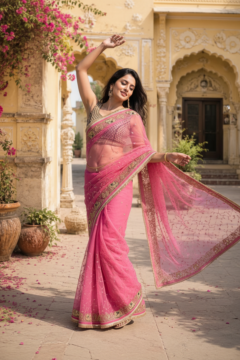 Georgette Sequins Work Saree With Unstitched Blouse(Pink)
