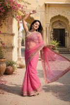 Georgette Sequins Work Saree With Unstitched Blouse(Pink)