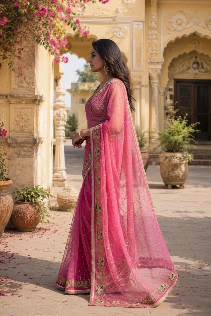 Georgette Sequins Work Saree With Unstitched Blouse(Pink)