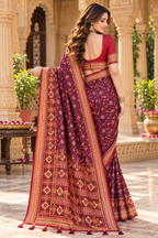 Pure Silk Patola Art Saree With Unstitched Blouse(Wine)