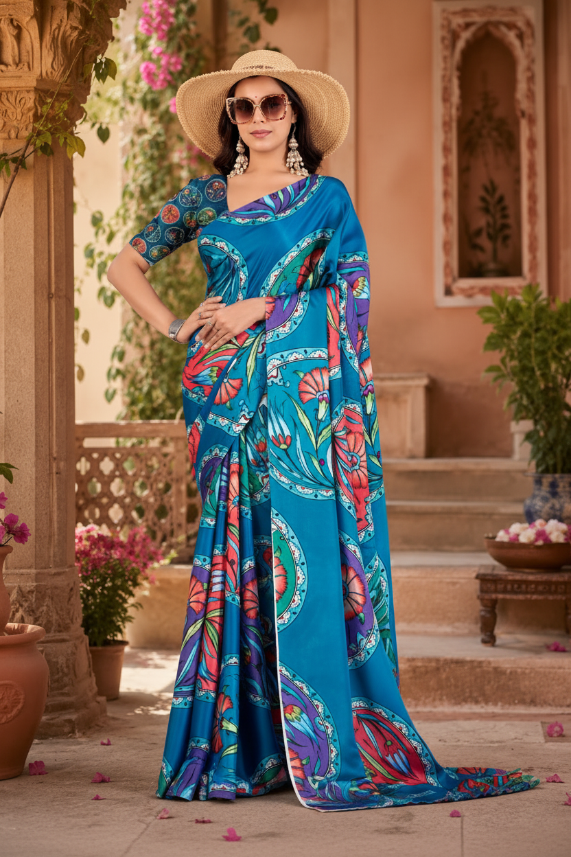 Satin Silk Printed Saree With Unstitched Blouse(Blue)