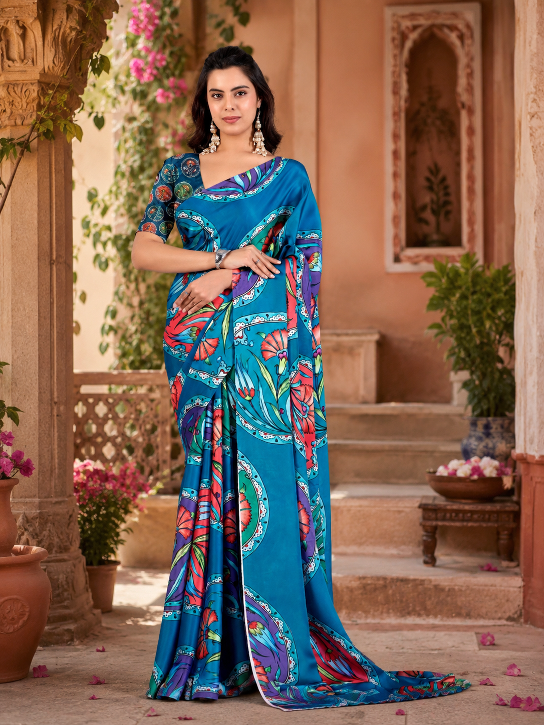 Satin Silk Printed Saree With Unstitched Blouse(Blue)