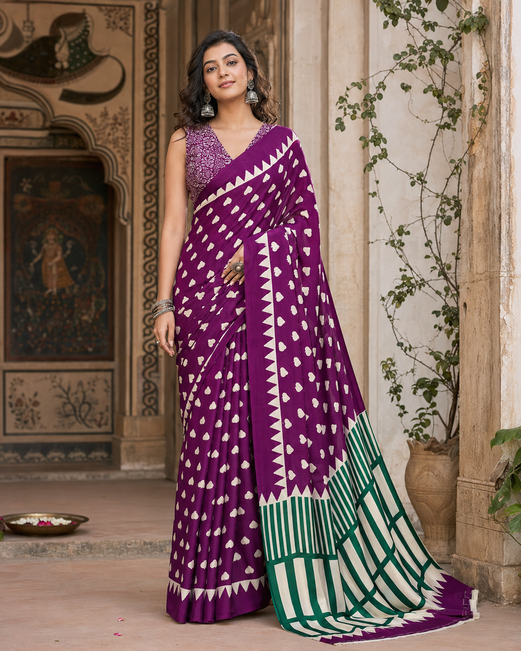 Satin Silk Ajrakh Print Saree With Unstitched Blouse(Magenta)