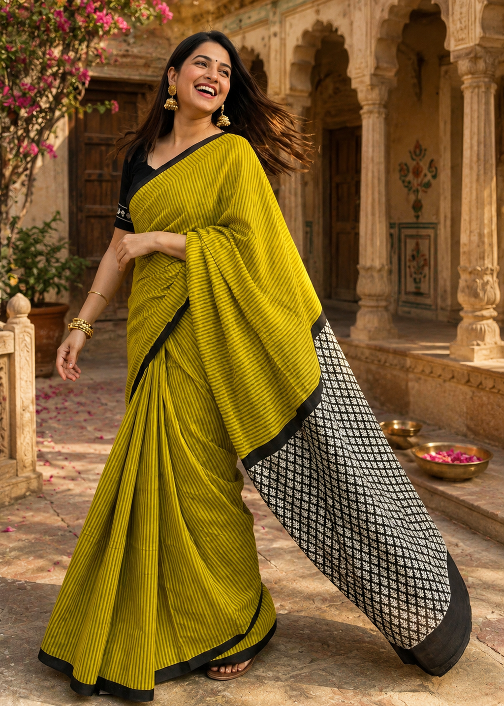Mulmul Cotton Bagru- Printed Saree With Unstitched Blouse(Green)