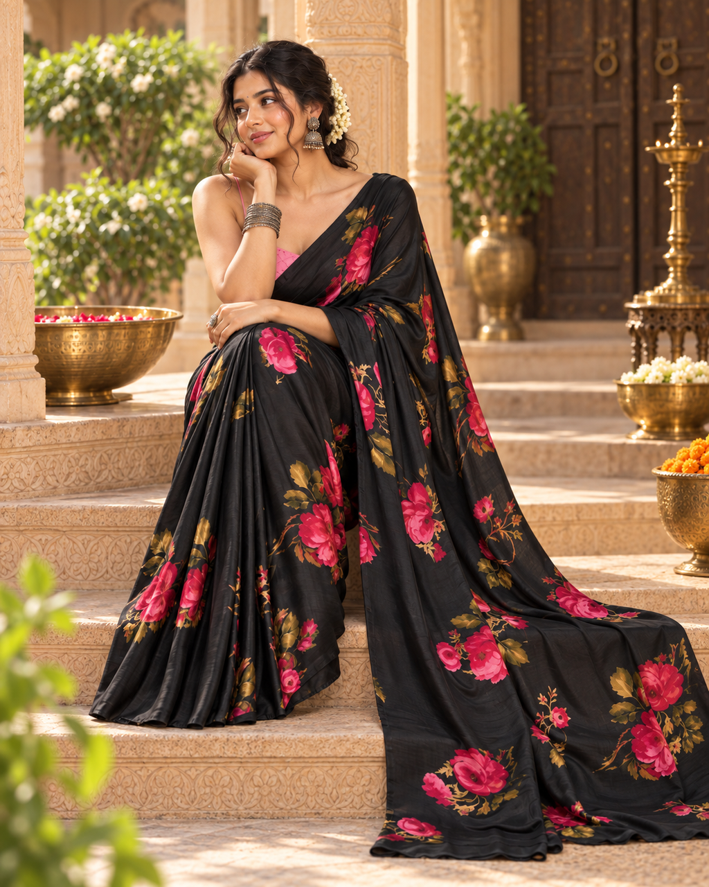 Satin Silk Floral Print Saree With Unstitched Blouse(Black)