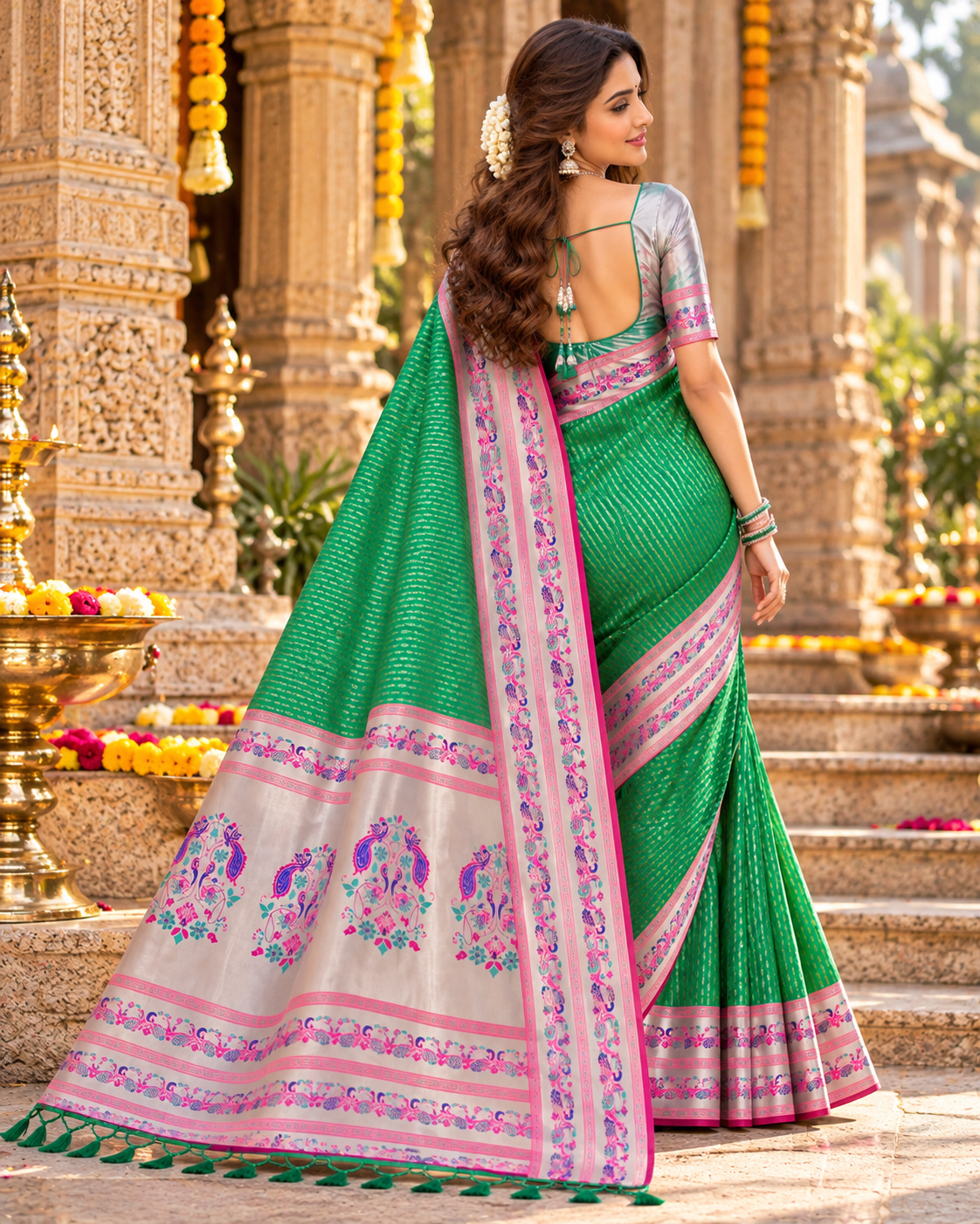 Paithani Silk Zari Work Saree With Unstitched Blouse(Green)